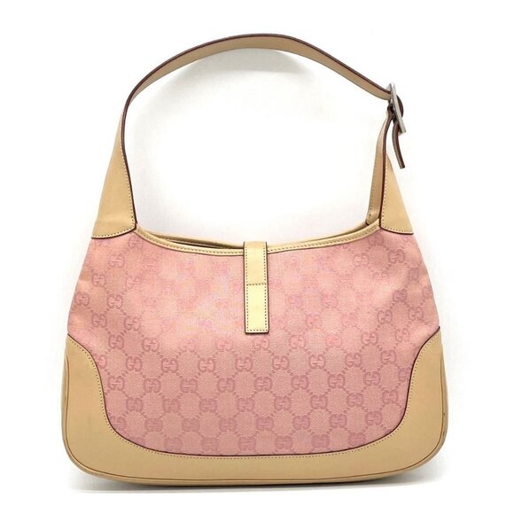 Authentic GUCCI GG Monogram Web Jackie O Hobo Pink Shoulder Bag Sherry Leather - Picture 2 of 7